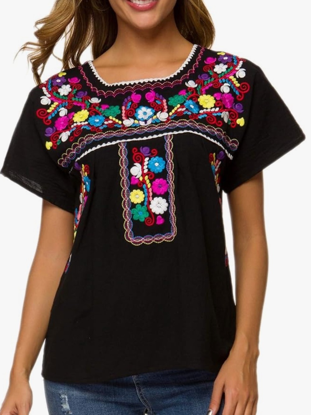 YZXDORWJ‎ Women's Embroidered Mexican Peasant Blouse Short Sleeve Sz XXL Cotton